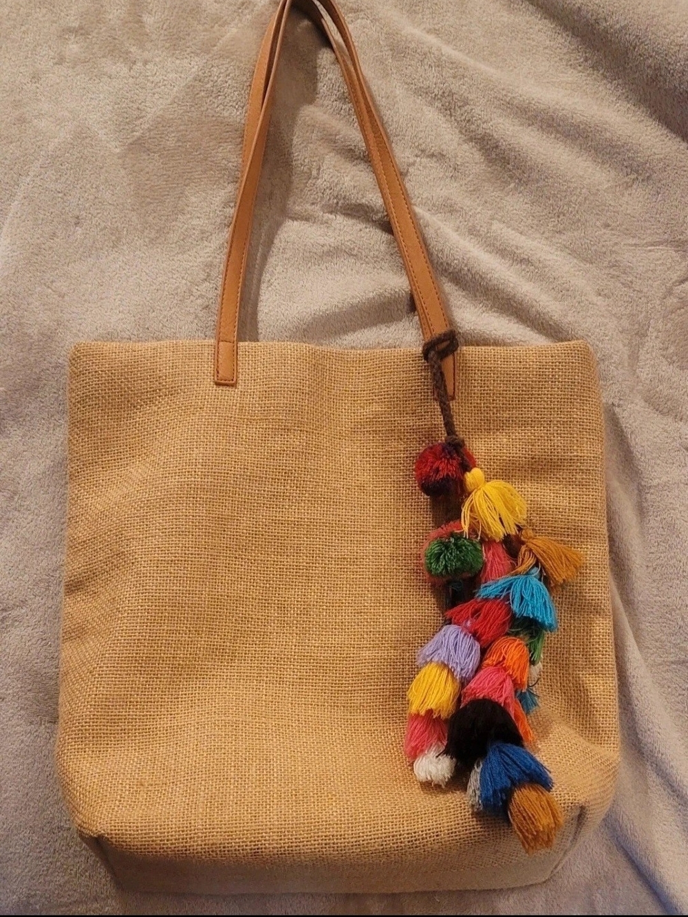 Neutral Straw Tote with Multicolor Tassel and Tan Handles